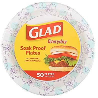 Glad Round Disposable Paper Plates, Blue Flower Design, Heavy Duty Soak Proof Cut Resistant Microwave Safe Plates for Meals, Parties, Picnics, and Events, 10 Inch, 50 Count