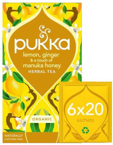 Pukka Herbal Teas Tea - Organic - Lemon Ginger and Manuka Honey - 20 Bags - Case of 6 (Packaging May Vary)