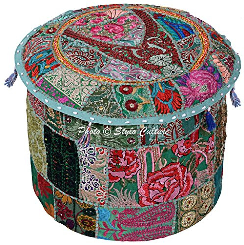 Stylo Culture Ethnic 18 Cotton Patchwork Embroidered Fabric Pouffe Ottoman Stool Pouf Cover Green Floral Bean Bag Round Footstool Floor Cushion Indian Decor Bean Home