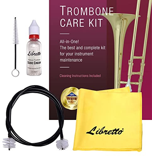 Libretto Trombone All-Inclusive Care Kit: Flexible Bore Brush + Mouthpiece Brush + Slide Oil+ Microfiber Cleaning Cloth + Slide Grease, w/Handy Case, Time to Clean & Extend Life of Your Trombone!