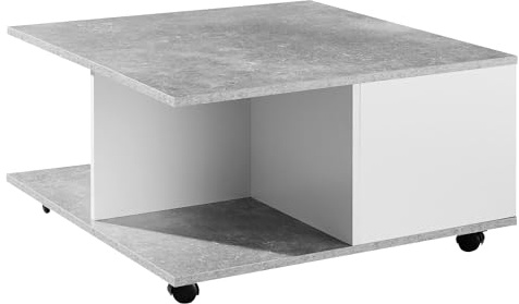 Wohnling Design Couchtisch 70x70 cm Zementgrau/Weiß, Wohnzimmertisch mit 2 Schubladen, Sofatisch mit Rollen, Tisch mit 2 Fächern