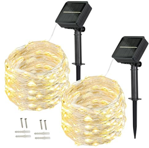 BXROIU Solar Fairy Lights Silver Wire 100 LEDs String Lights 8Modes Starry Fairy Lights, [2 Pack] 10 Meter Waterproof Outdoor String Lights for Patio, Garden, Party (Warm White)