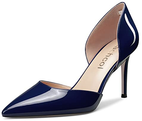 Aachcol Femmes Aiguille Mi Haut High Talon Heel Escarpins Slip-on Two-Piece Pointu Bout Dress Chaussures Bureau Party Mariage Vernis Bleu Marine 8 CM 39 EU