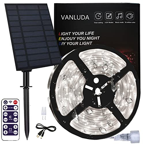 Solar LED Streifen Außen,5600mAh 10m LED Strip IP67 Wasserdichter 640 LEDs,Dimmbare Lichtleisten mit Fernbedienung,6500K Weiße LED Lichter für Gartenbäume Zuhause Weihnachten Urlaub Terrasse Party