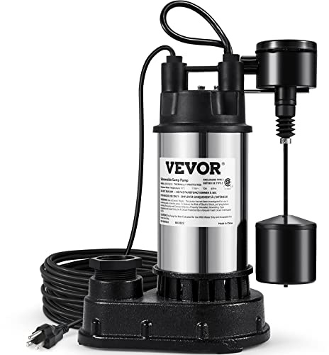 VEVOR 1.5 HP Submersible Cast Iron and Steel Sump Pump, 6000 GPH Submersible Water Pump with Integrated Vertical Float Switch, for Basement Water Basin and Flooding Area