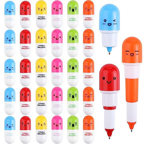 30 Pezzi Mini Penna Retrattile a Forma di Pillola, Carino Emotion a Sfera per la Scuola, l'Ufficio e la Casa (6 Colori)