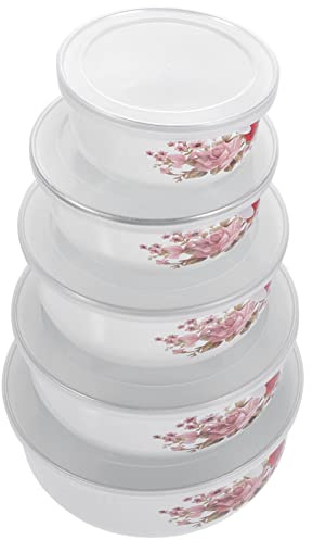 HEMOTON Emaille-Schüssel Mit Deckel-Set 5-Teilige Emaille-Rührschüsseln Blumensuppenbecken Obstsalat-Servierschüssel Zur Aufbewahrung Von Salatfrüchten