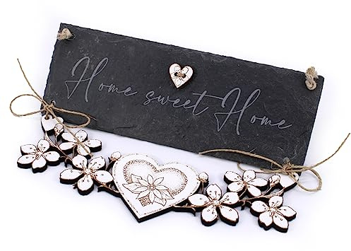 Skiffer skylt hem Sweet Home med blomelement och trähjärta – skylt ytterdörr ingång dörrskylt dörrdekoration välkomstskylt 22 x 16 cm