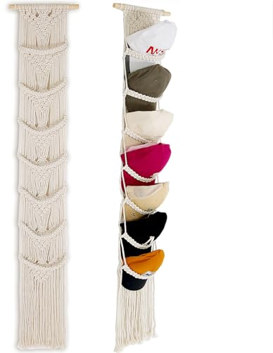 jontell Keps hållare – 1-pack hatt organiserare för basebollkepsar, makramé hattställ för vägg, kepshylla för baseballmössa uppvisning boho makramé keps hängare över dörr organiserare upp till 14
