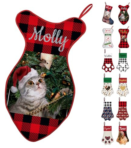 PFTPOW Cat Christmas Stocking Personalised with Name Photo Custom Fish Shaped Stockings for Dogs Cats Pets Customised Xmas Stockings Holiday Family Decor Gifts