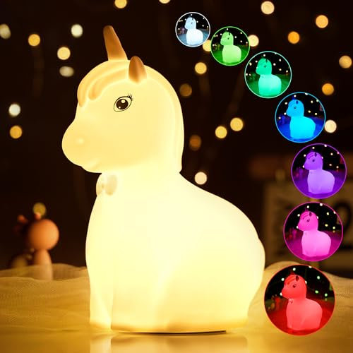 Wonkelly Nachtlicht Kinder, Einhorn Silikon Nachtlicht Baby Nachttischlampe, 7 Farben Dimmbar Nachttischlampe Touch, Wiederaufladbar Timing Nachtlicht, Tragbaren Nachtlampe Kinder Babyzimmer Geschenk