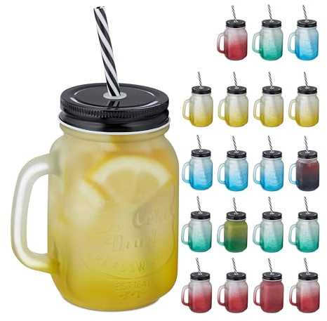 Relaxdays Jarras con Tapa y Pajita, Set de 20, 400 ml, Efecto Congelado, Vasos Veraniegos con Asa, Multicolor/Negro
