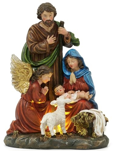 Valery Madelyn Christmas Nativity Scene Figurine, Red Gold Handcrafted Holy Family with Angel and Lamb Resin Sculpture with Lights for Holiday Indoor Xmas Gift Table Statue Decorations, 9.8 Inch