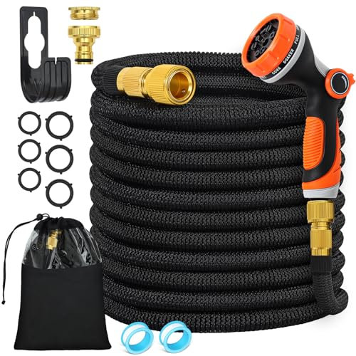 Chuner Flexibler Gartenschlauch 15 m mit 10-Funktionen Schlauchdüse, dehnbarer flexiSchlauch, Vollmessing Adapter 1/2' 3/4' Zoll, Wandhalterung Tasche, für den Außenbereich, Schwarz (15 M)