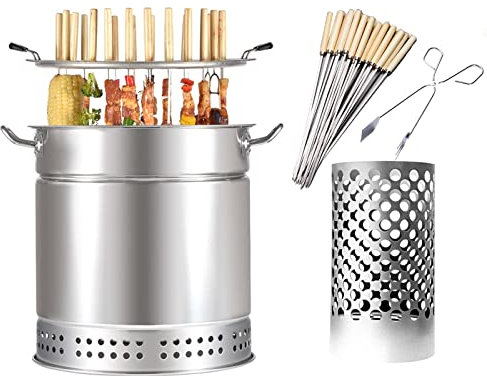 Vertikaler Holzkohle-Räuchergrill mit 50 Kabob-Spießen, rauchfreier Edelstahl-Fassofen für 360° Rundbraten und Ölkohle-Trennung (Größe:S)