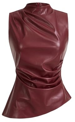 SHENHE Women's Mock Neck PU Leather Pleated Asymmetrical Sleeveless Fitted Dressy Tank Top Burgundy Medium