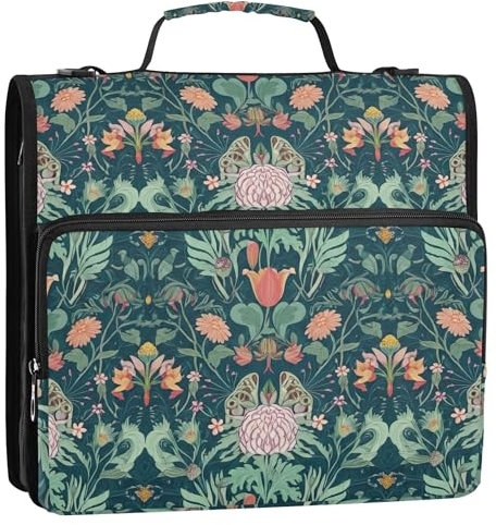 Large Binder Zipper Organizer 1.5 Inch 3 Ring Binders Heavy Duty Floral Leaves Green Portfolio Hold 500 Sheets Holder Keeper Binder Bag with Strap for School