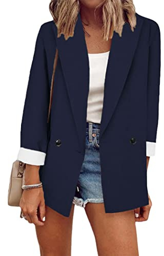 OMZIN Décontracté pour Dames avec Volants Ouvert Coupe Boyfriend Décontractée Bureau Outwears Bleu Marine 3XL