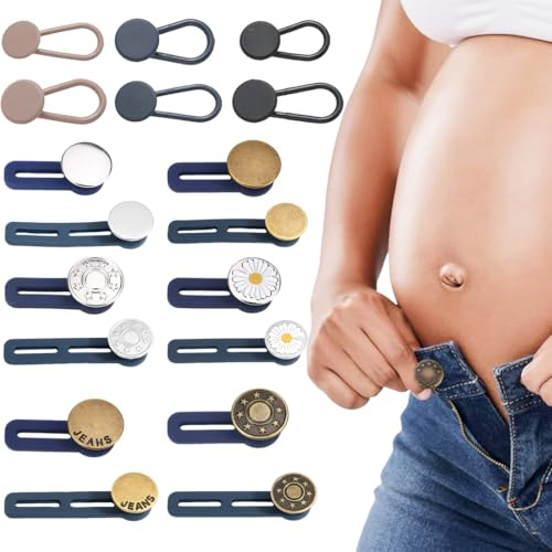 YUVKIN 18 Piezas Botón Ajustable para Pantalones de Metal Extensor de Cintura para Embarazo y Jeans, Ampliador de Botones para Mujeres y Hombres