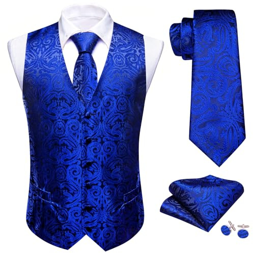 Barry.Wang Mens Paisley Waistcoat Flower Jacquard Silk V-neck Suit Vest and Tie Pocket Square Cufflinks for Wedding Tuxedo Prom