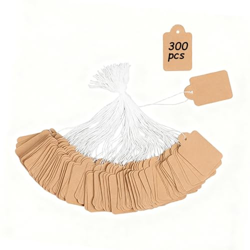 DYSWTUE 300 Piezas Etiquetas de Precio con Cuerda, Kraft Para Colgar, 35 mm x 22 mm, Etiquetas de Marcado de Regalo en Blanco para Exhibición de Ropa, Exhibición de Joyas
