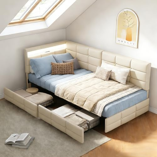 YGHQAP Sängklädsel, bäddsoffa, 90 x 200 med LED-belysning och laddningsstation, ungdomssäng, med 2 förvaringslådor, dagsäng, enkelsäng, dagsäng, funktionssäng utan madrass, sammet (linbeige, 90 x 200)