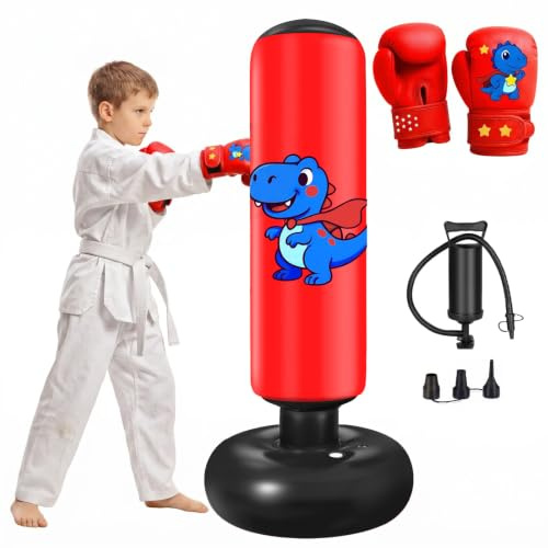 Oziral Saco de Boxeo para Niños&Adulto 120cm/150cm/165cm/168cm/180cm Saco de Boxeo de Pie Inflable con Guantes y Bomba Boxeo Niños Set Azul con Motivo de Luchador Punching Bag para Karate Taekwondo