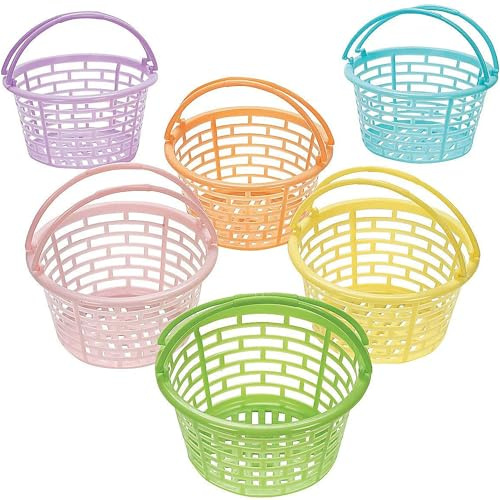 Fun Express Easter Baskets Bulk Set of 12 - Small Colorful Plastic Round Baskets for Easter Egg Hunts, Party Favors & Classroom Activities | Mini Pastel Buckets for Kids - Basket Size