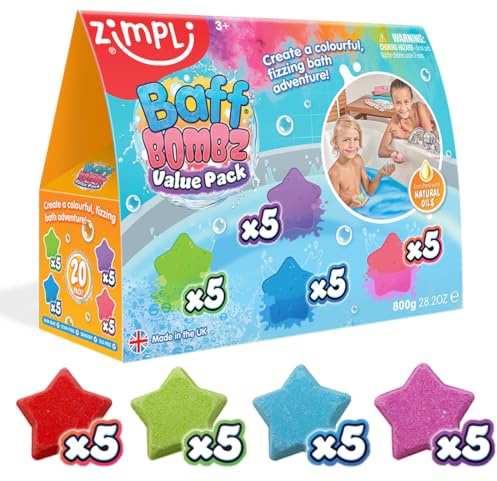 ZIMPLI - 20 x Star Baff Bombz, Create a colourful, fizzing, bathtime adventure, Bath Bombs Set for Children, Organic, Natural