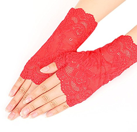Nanxson Guanti da donna in pizzo senza dita Guanti da sposa in pizzo per la festa nuziale Halloween ST0084 (L, rosso)
