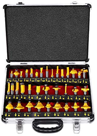 35pcs 1/2 fraises pour sur-routeur Ensemble de mèches de routeur Kit de coupe-fraisage fraises à rainurer Bit de routeur en carbure Jeu de forets pour toupie à bois, Avec boîte de rangement, jaune