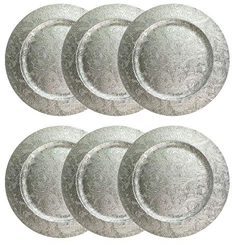 YoL 6 Embossed Decorative Silver Round Floral Charger Plates Christmas Xmas 33cm re-usable