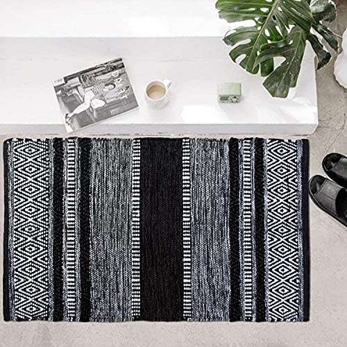 Chardin home Farmhouse Rug 24''x36'' Black-White | Recycled Cotton Hand Woven Rug, Long Boho Rug | Perfect for Hallways, Kitchens, Bathroom, bedrooms, Meditation Yoga Mat | Machine Wash