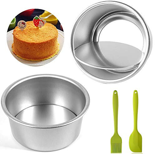 Set di teglie rotonde con base allentata, 2 teglie antiaderenti da 15,5 cm in alluminio profondo rotondo con fondo rimovibile, spatola e pennelli da pasticceria inclusi