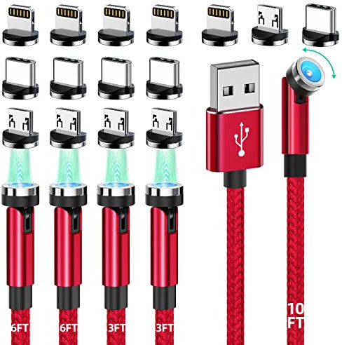 HanCenDa Câble de chargement magnétique 540 ° 5pack (10/6.6/6.6/3,3/3,3 pieds), 3 en 1 Câble de chargeur téléphonique magnétique Rotation avec lumière LED compatible avec le type C/micro USB/iP