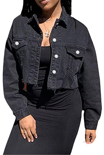 Xeadoffubio Women's Denim Short Jacket, Solid Color Long Sleeve Jacket Lapel Jacket, Button Hem, Distressed Hem Cropped Jeans Jacket (Black, Small)