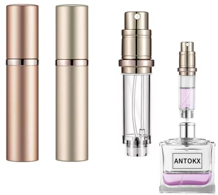 ANTOKX Reiseparfümflasche nachfüllbarer Zerstäuber - 2-Pack 5ML Parfümflasche, Taschenparfümspender, Duftpumpenetui, auslaufsicherer tragbarer Parfümzerstäuber (Gold & Roségold)
