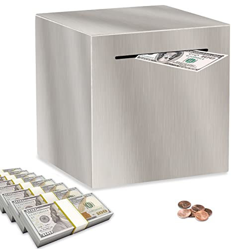 PHOGARY Salvadanaio per adulti, salvadanaio non apribile in acciaio inox, scatola di risparmio per monete (12 cm, argento)