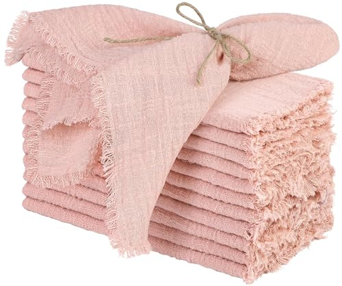 TURSTIN 12 Pieces Cotton Linen Cloth Napkin Handmade Cloth Napkin with Fringe 17 x 17 Inch Soft Dinner Wedding Napkins Square Rustic Fringe Table Napkins for Dinners, Parties, Weddings, Dusty Pink