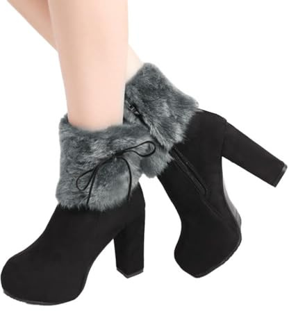 ticticlily Femme Bottes de Neige Fourrure Chaud Mode Courts avec Doublure Bottines Haut Talon Hiver Chaussures Bottes Snow Boots A Noir 37 EU