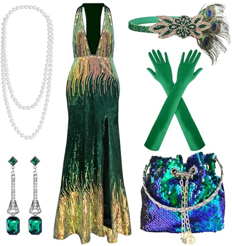PLULON Vestido de cóctel Gatsby con Lentejuelas de los años 20, Vestido de cóctel Sexy con Cuello en V y Accesorios de los años 20 (Verde)