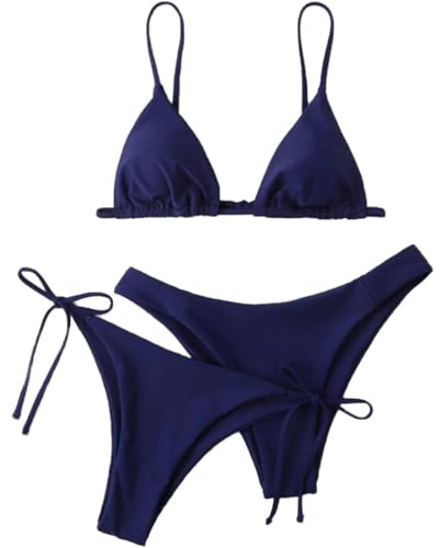 TOKYMOON Damen Bikini Set Sexy Bikini Dreiteiliger Badeanzug Einfarbig Bikini Badeanzug mit Dreieck Cup Spaghetti-Träger Push Up High-Cut Gepolsterte Bikini Badeanzug Marineblau S