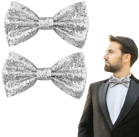 EUPSIIU 2 Pezzi Glitter Bow Tie, Papillon con Paillettes per Travestimento, Papillon Scintillante Preannodato per Addio al Addio al Nubilato, Costumi In Maschera, Feste A Tema (Argento)
