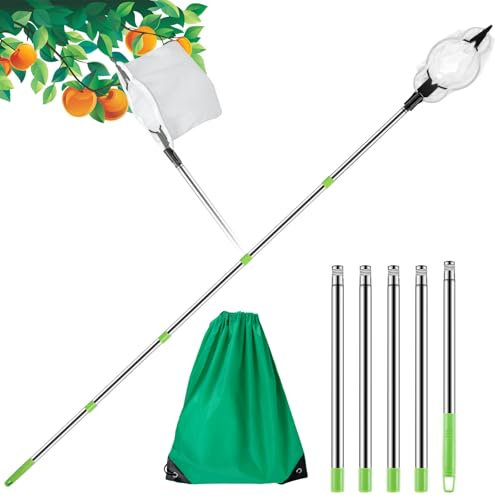BAODBF fruit picker with Telescopic Handle fruit harvester with Lightweight Stainless Steel Connecting Pole and Fabric Bag nut gatherer fruit grabber for Apples oranges pears (2m)