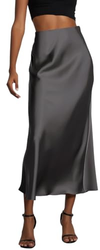 ORANDESIGNE Falda Raso Mujer Falda Larga de Satén Falda de Cintura Alta Elegante Falda Cintura Elástica de Seda Midi Falda de Noche Office Cócteles Negocios Verano Gris Oscuro M