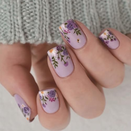 24 flores adorables uñas falsas uñas artificiales reutilizables cubiertas completas brillantes para pegar uñas cortas prensa cuadrada uñas