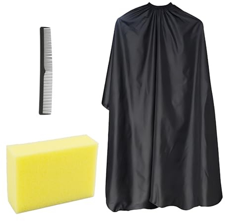 EceoThsy Conjunto Profesional de Peluquería，Capa de Corte Negra con Corbata Ajustable,Esponja y Peine de Peluquería - Accesorios Esenciales para Salones y Uso Doméstico en Hombres y Mujeres