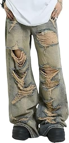 Y2K Baggy Jeans: Distressed jeans med raka ben for män, Hip Hop, Ripped, Skater, Streetwear-byxor, Vintage