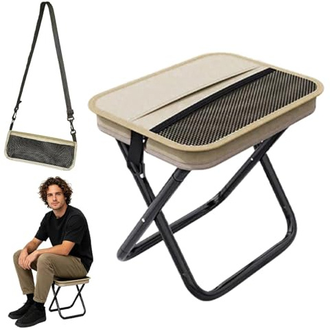 EnixwH Khaki 28 × 26 × 26 cm hopfällbar pall vikbar, campingpall campingpall bärbar hopfällbar pall med fiskepall förvaringsväska bärförmåga: 150 kg för camping vandring fiske strand