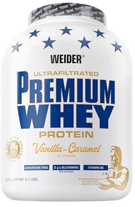 Weider Premium Whey Protein, Proteine in Polvere con Isolato di Siero di Latte per Massa Muscolare, Ricche di EAA, BCAA e L-Glutammina Libera, Ottima Solubilità, Vaniglia Caramel, 2.3 kg